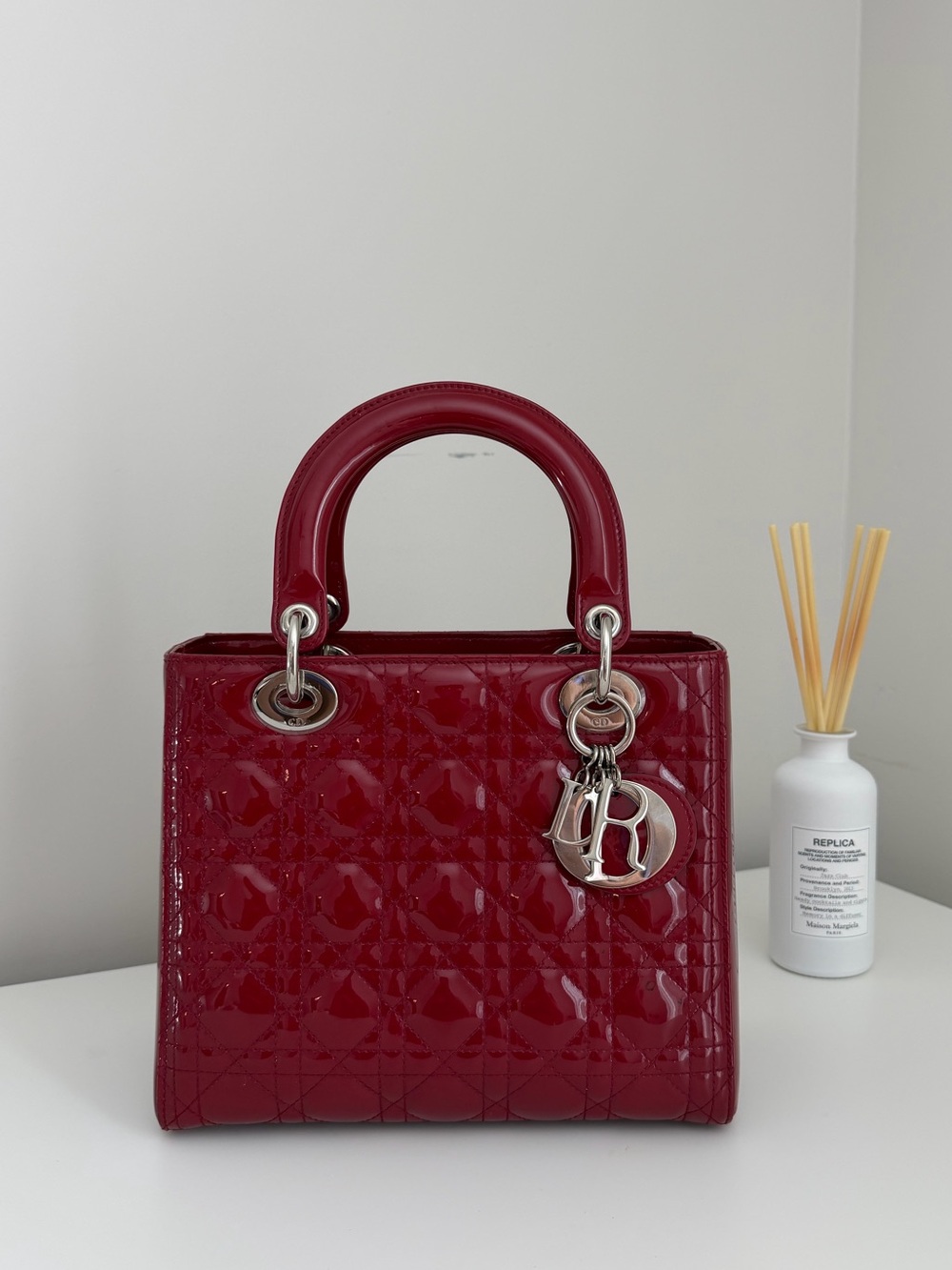 Lady Dior Red Patent Top-Handle Satchel with Silver Charm